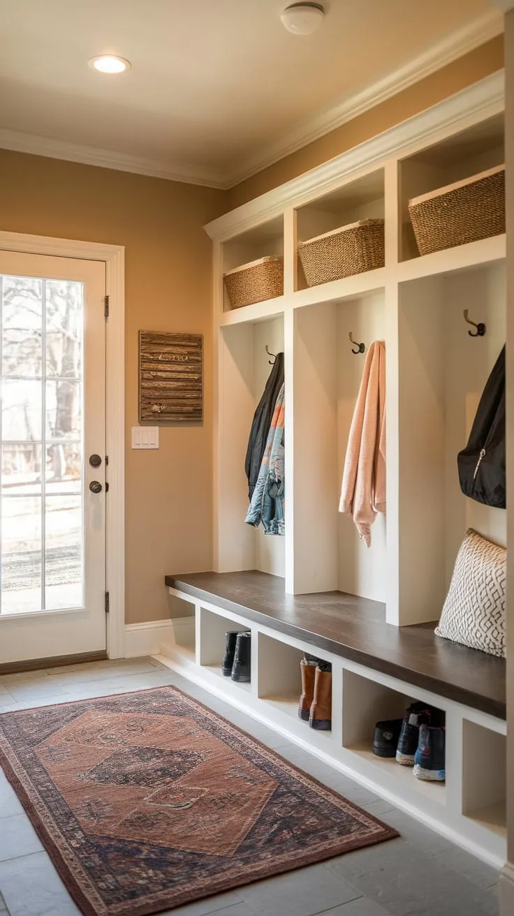 Warm lighting illuminates a cozy mudroom featuring built-in cubbies, a bench, and coat hooks, creating a welcoming entryway