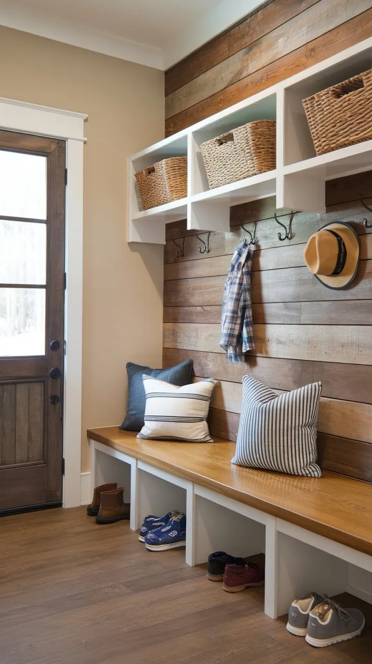 Organize chaos with a cozy mudroom featuring a cushioned bench and cubbies brimming with baskets, ready to tame shoes and hats.