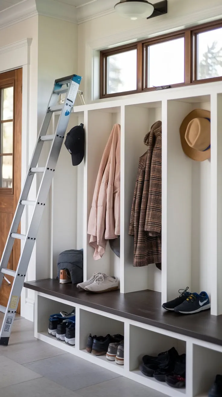 Organized family entryway featuring a bench and multiple cubbies overflowing with coats, hats, and shoes