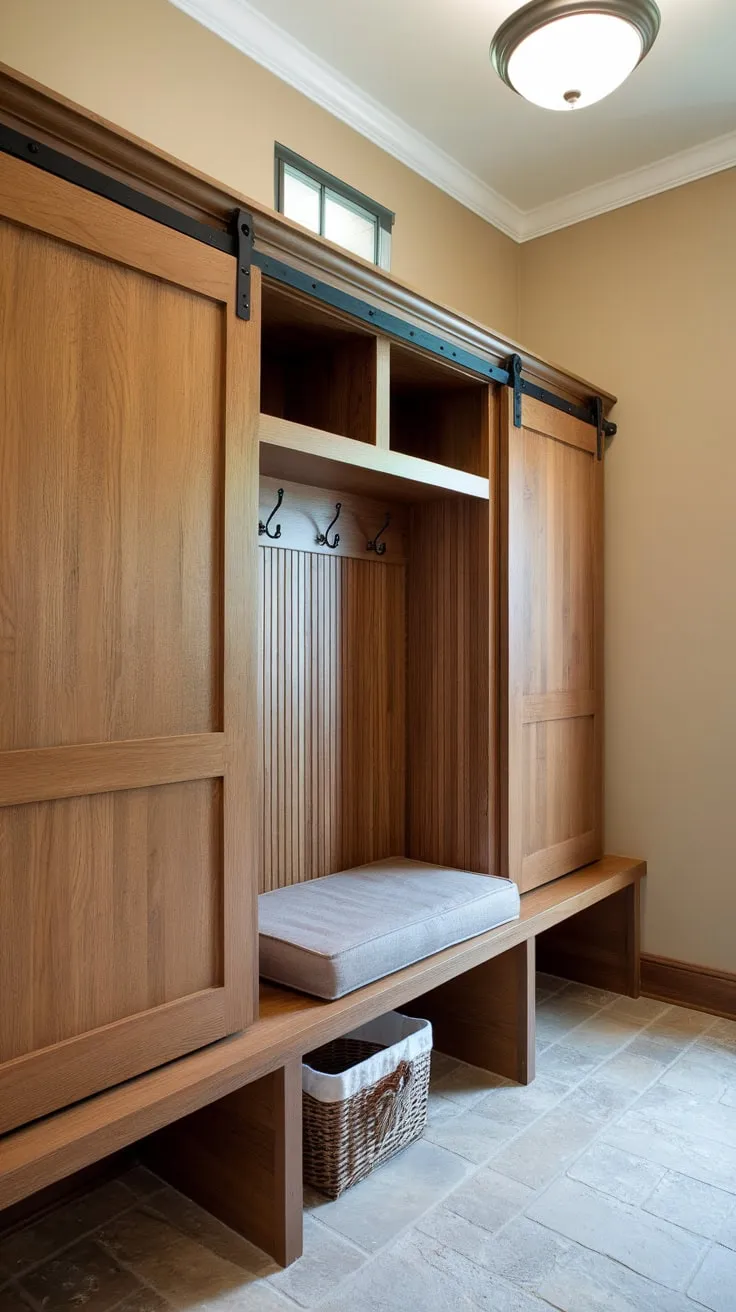 A cozy beige-walled mudroom features wood cubbies with sliding doors, a cushioned bench, and a convenient basket, perfect for organized entryway storage.