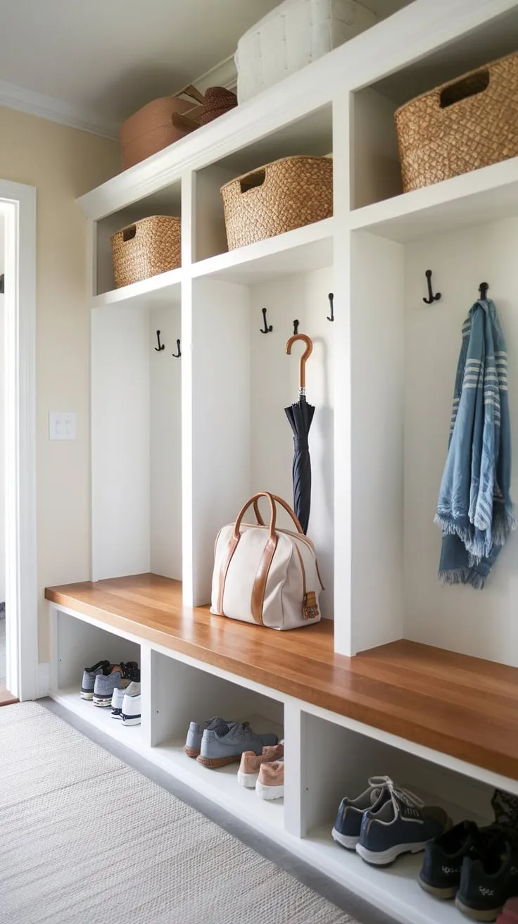 A bright mudroom boasts organized cubbies, a bench, and wall hooks for ultimate family entryway efficiency