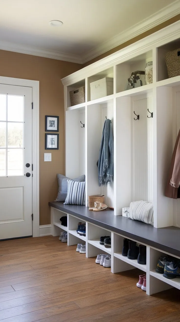 Organized chaos reigns in this charming mudroom featuring a gray bench and white cubbies against a beige backdrop
