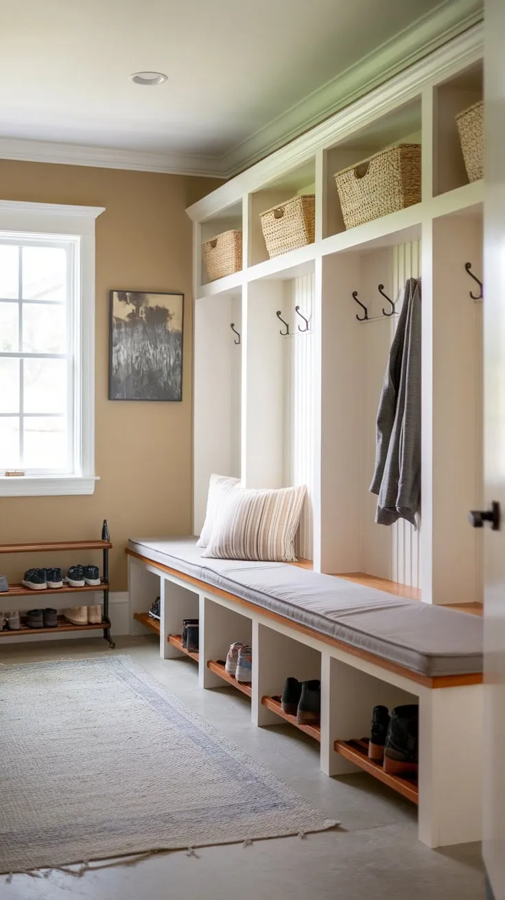 A cozy beige mudroom boasts a cushioned bench and ample wooden cubbies for organized entryway storage