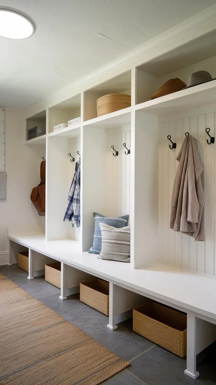 A bright mudroom boasts white cubbies with doors, a bench, and ample storage for coats, hats, and shoes.