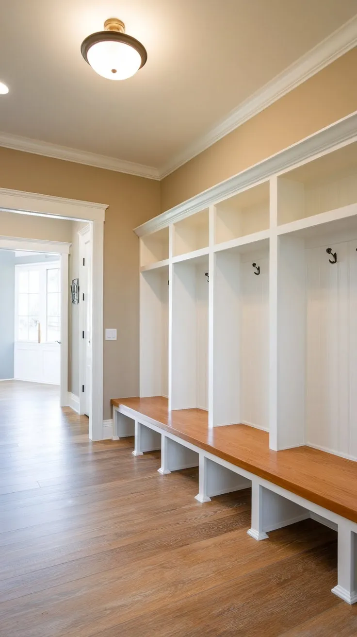 A bright, clean mudroom boasts white wooden cubbies above a matching bench, perfect for organized entryway storage