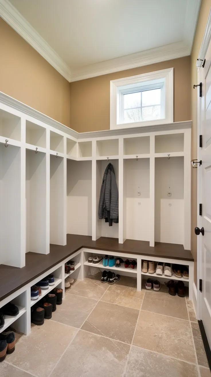 Organized entryway perfection awaits in a mudroom featuring built-in cubbies, a bench, and convenient storage.