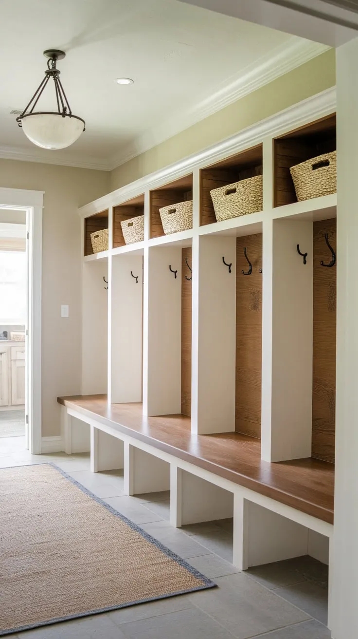 A clean white-washed wood mudroom boasts built-in cubbies and a matching bench for organized entryway bliss