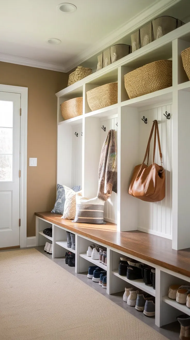 Mudroom makeover complete!  This mudroom remodel boasts beautiful wooden mudroom cubbies with bench, providing the perfect solution for our family's storage needs.  The new entryway cubby system keeps everything tidy and makes our mud room entry a welcoming space.