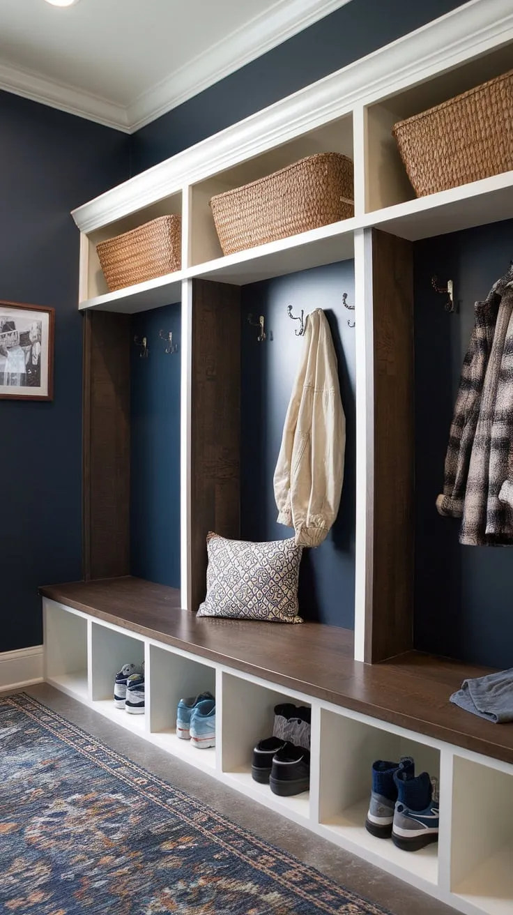 Our mudroom remodel is complete!  This entryway cubby system, featuring a white bench and rustic wood cubbies, is the perfect solution for keeping our family organized.  The mudroom cubbies with bench are a game-changer, making this mud room entry a welcoming and efficient space.