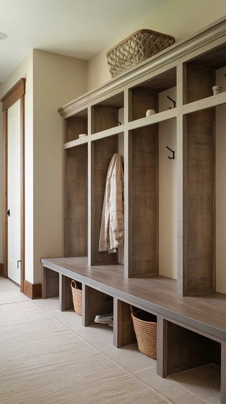 This mudroom remodel transformed a cluttered entryway into a functional and stylish mud room entry.  The custom mudroom cubbies with bench offer ample storage, while the added coat rack completes the organized look.  A perfect blend of rustic charm and modern practicality.