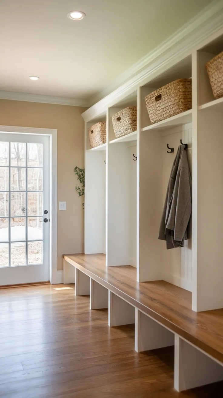A bright mudroom boasts ample storage with cubbies, a bench, coat rack, and wood floors for ultimate organization and convenience