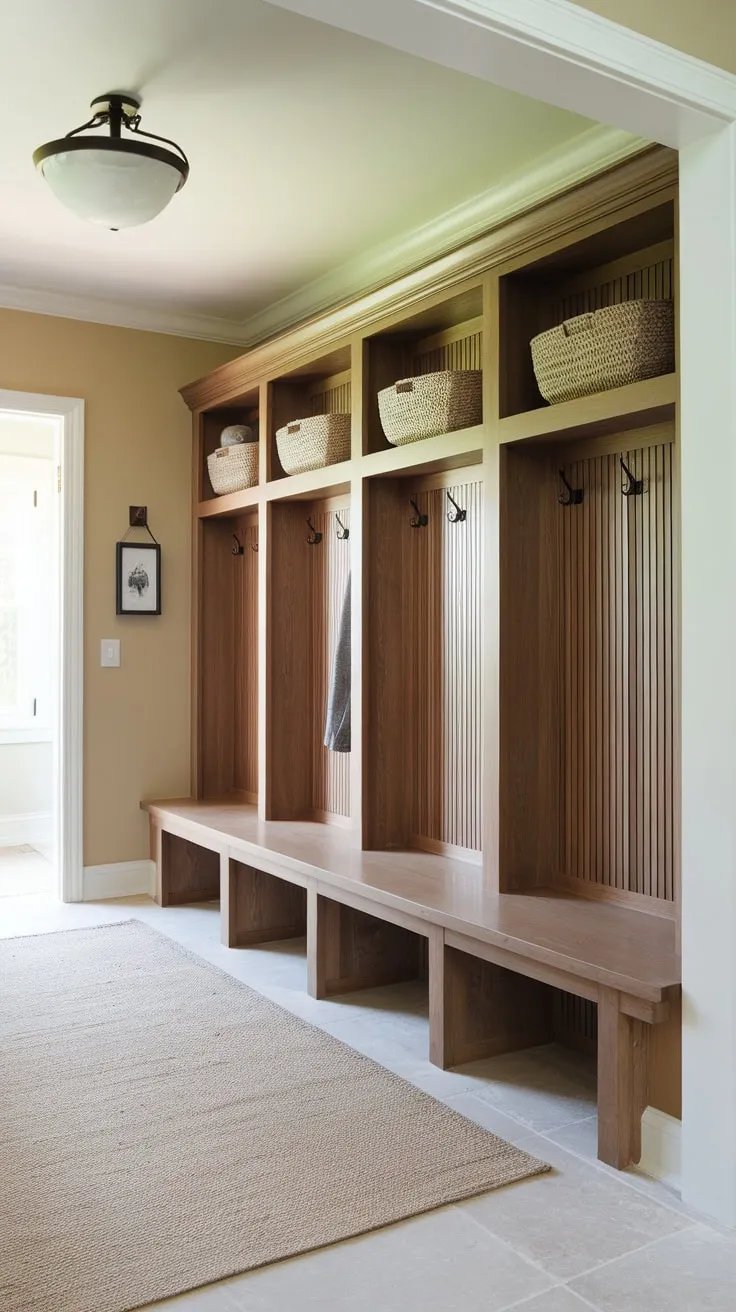 Organized family entryway featuring stylish wood cubbies and a convenient bench in a sunlit mudroom.