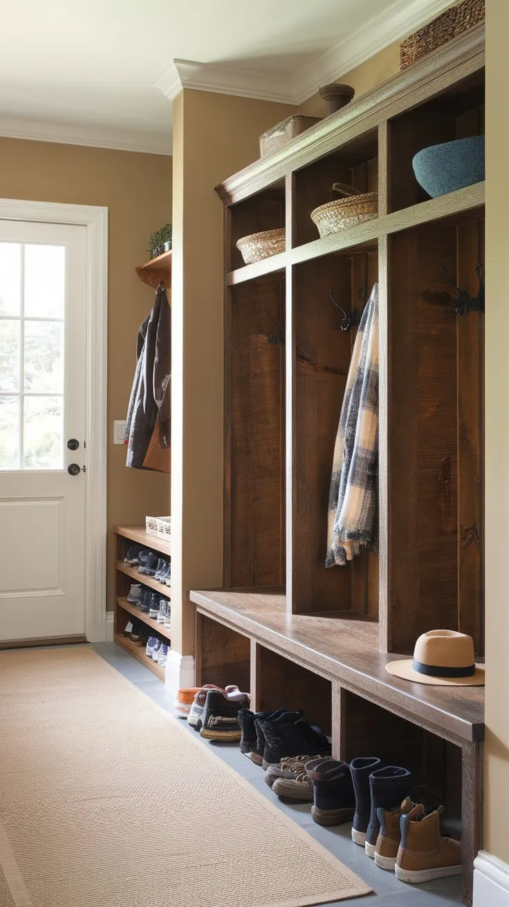 Warm beige walls and a cozy rug complement a charming mudroom featuring rustic wooden cubbies, a bench, and ample storage for shoes and outerwear.
