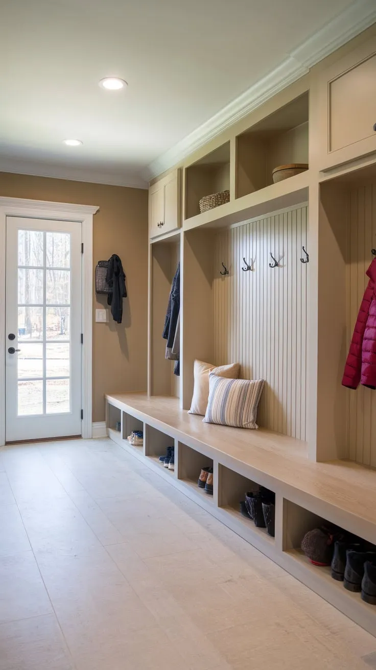 A bright mudroom boasts ample storage with built-in cubbies and a comfy bench perfect for shedding coats and shoes
