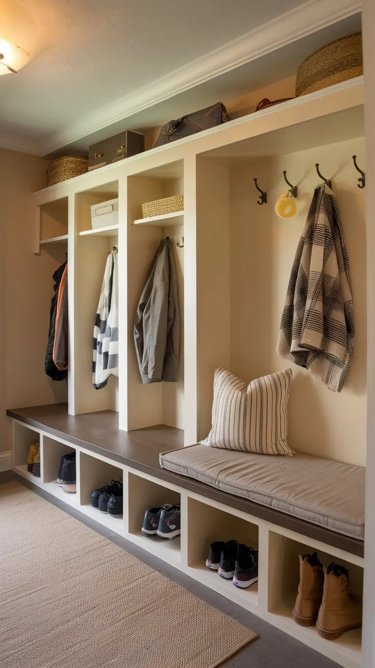 Warm lighting enhances a functional mudroom featuring a cushioned bench, cubbies for storage, and a coat rack, creating a welcoming entryway.