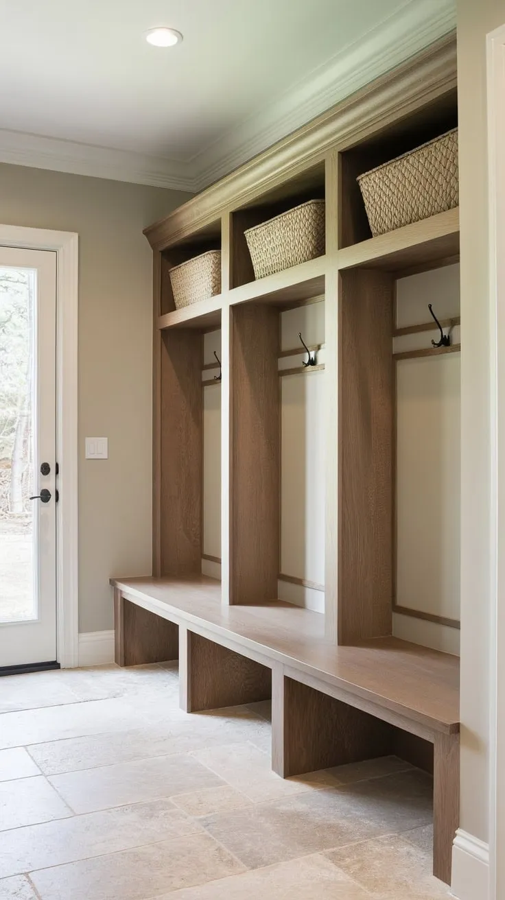 A practical and aesthetically pleasing mudroom boasts wood cubbies, a bench, and ample storage, creating a functional and inviting entryway.