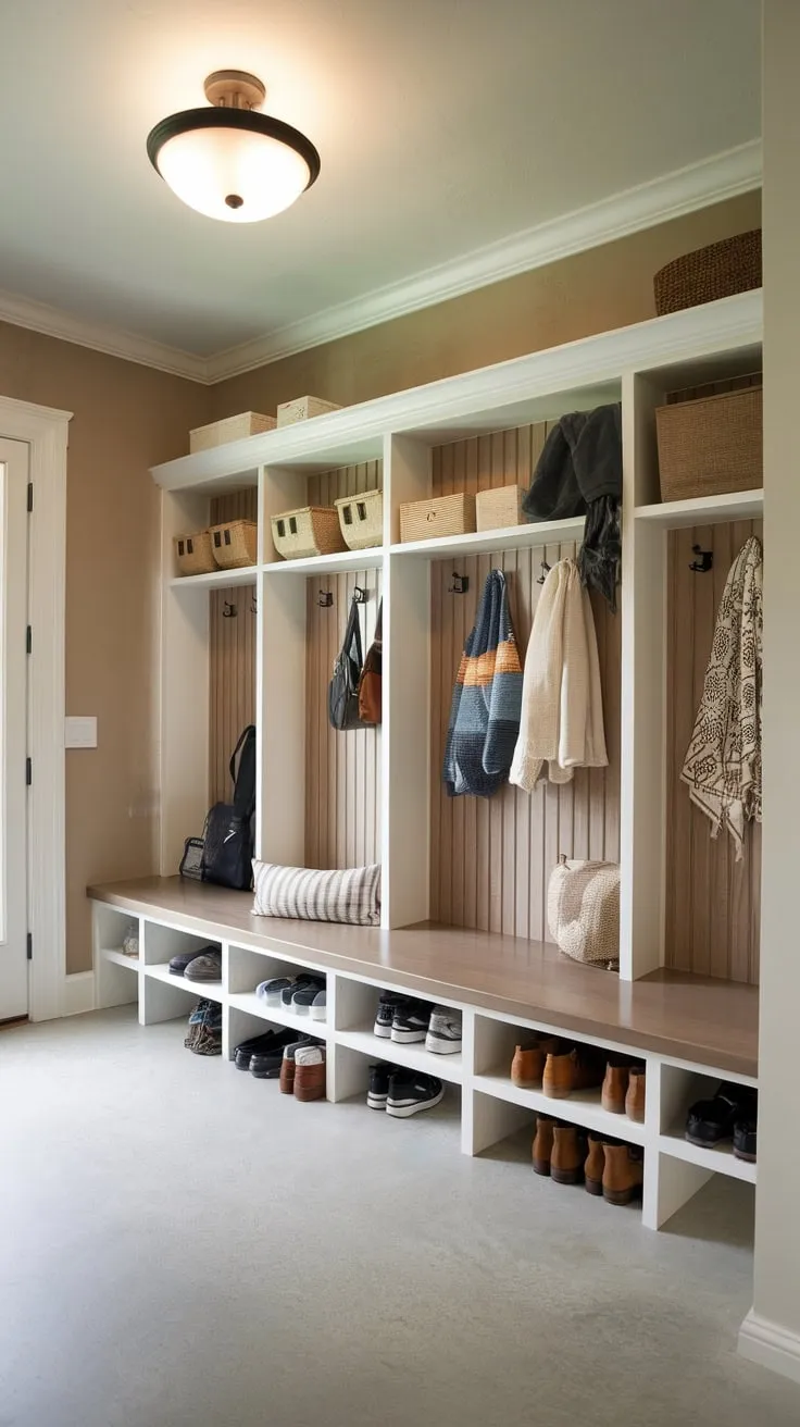 Organized chaos finds its home in a stylish mudroom featuring a white bench and wooden cubbies, all set against a neutral palette.