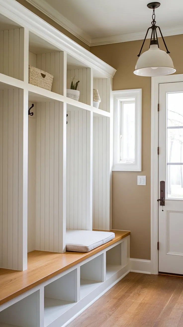 A charming mudroom boasts built-in white wood cubbies above a cushioned bench, perfect for organization and relaxation