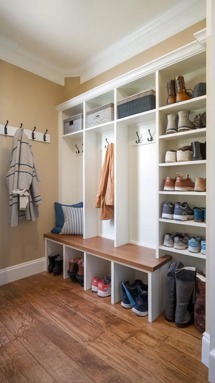 Organized mudroom cubbies and a bench create a functional and stylish entryway for coats, shoes, and more.
