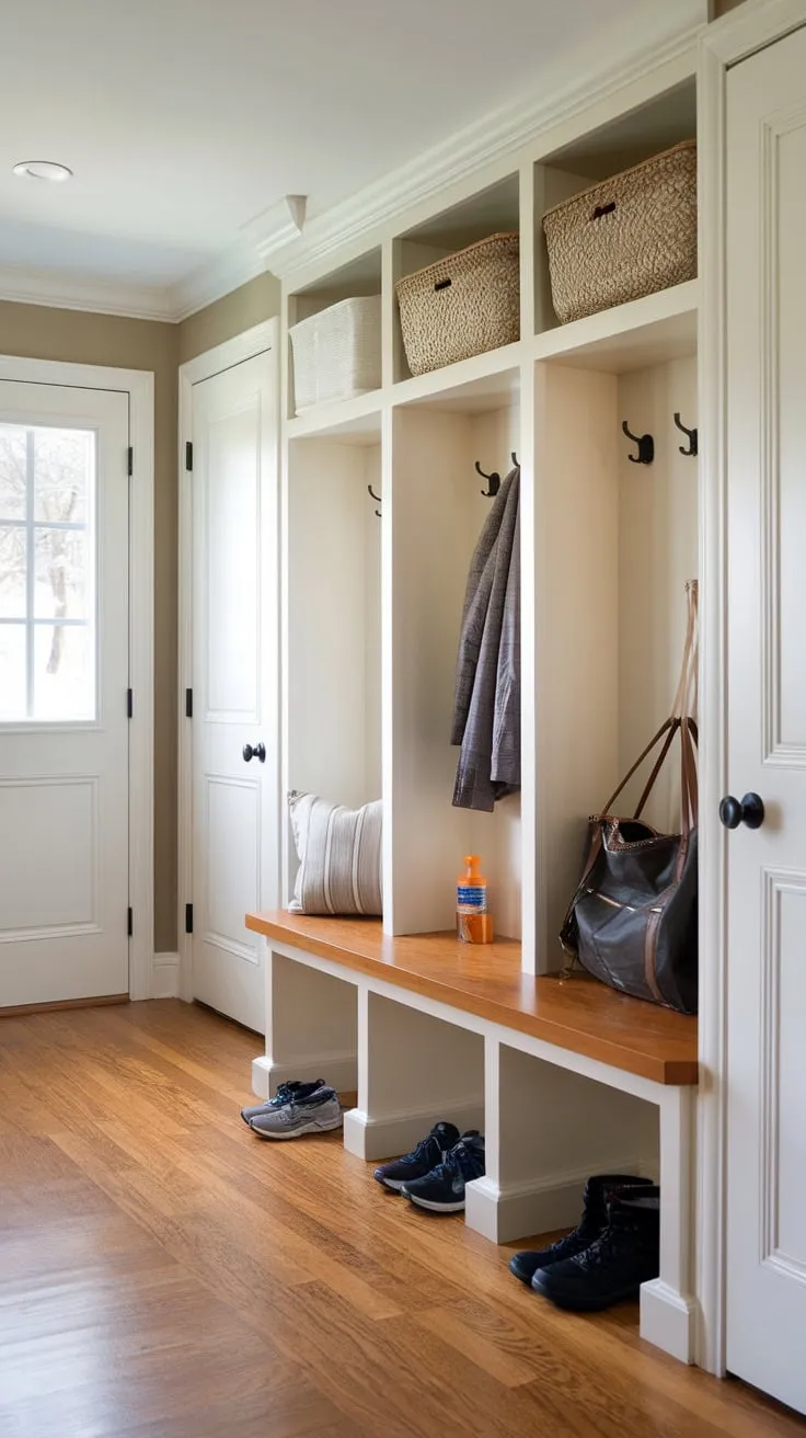 Organized hardwood-floor mudroom boasts cubbies, bench seating, coat rack, and overhead storage, perfect for family entryway needs