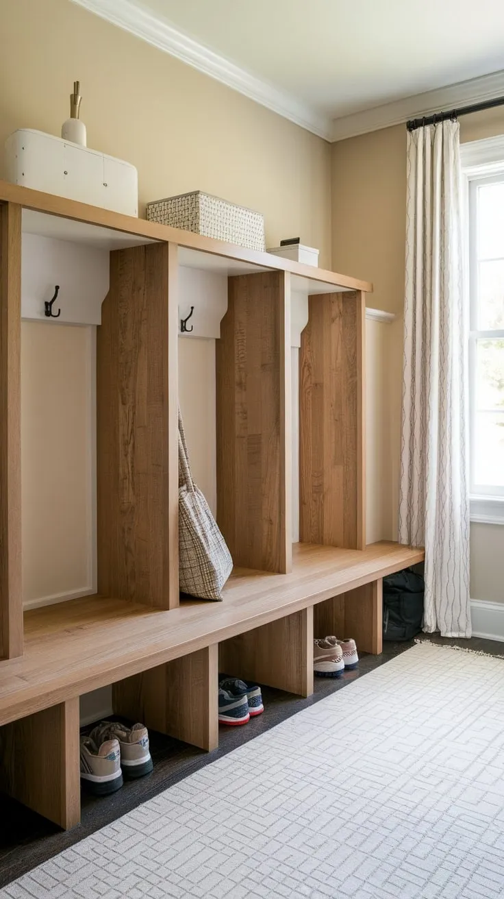 Rustic wood cubbies and bench create a functional and inviting mudroom entryway complete with a shelf and soft rug.