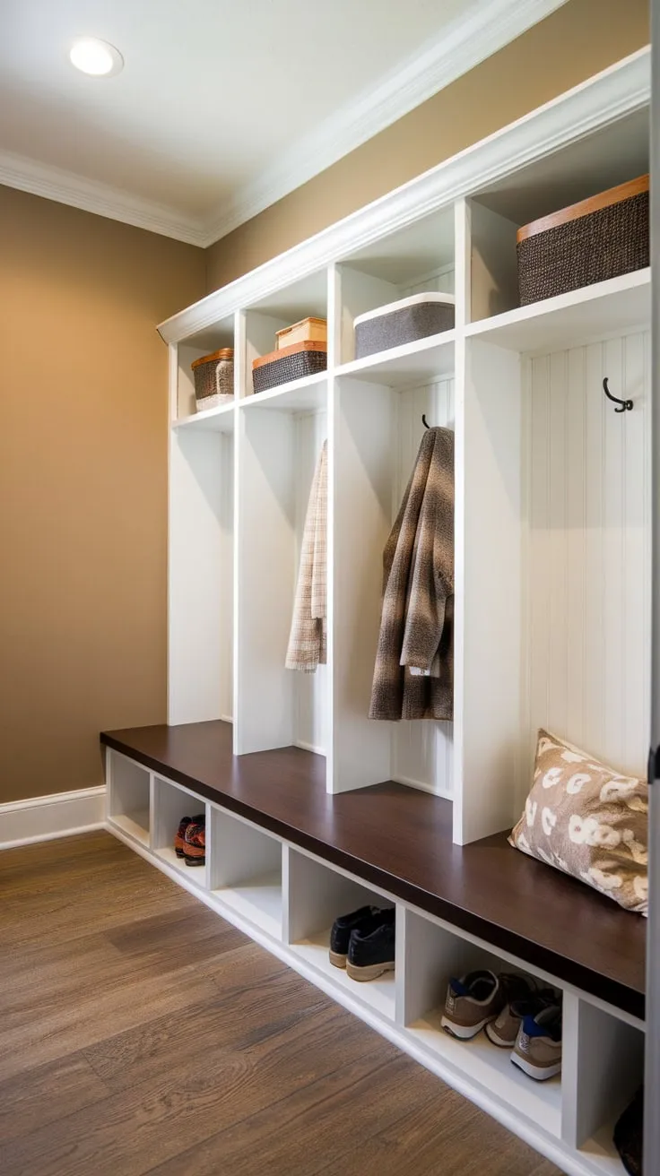 Stylish white cubbies and a dark brown bench create a functional and organized mudroom haven.