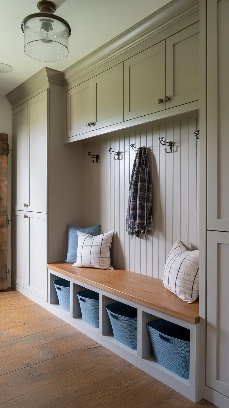 Organized chaos?  Not in this mudroom!  Mudroom cubbies and cabinets provide ample storage, while the mudroom bench with storage offers a practical and stylish seating area.  This mudroom entry is a testament to thoughtful mudroom decor and smart mudroom remodel planning.  The rustic charm adds a touch of warmth to this functional mudroom laundry room combo.