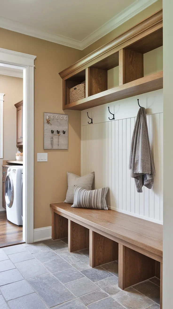 This mudroom entryway is the perfect blend of function and style.  The custom mudroom bench with storage, complete with cozy cushion, offers ample seating while the mudroom cubbies and cabinets keep everything organized.  Clever mudroom decor and a seamless connection to the laundry room make this mudroom remodel a true home improvement success.  Plenty of mudroom bench ideas are incorporated here for a practical and inviting mudroom entry.