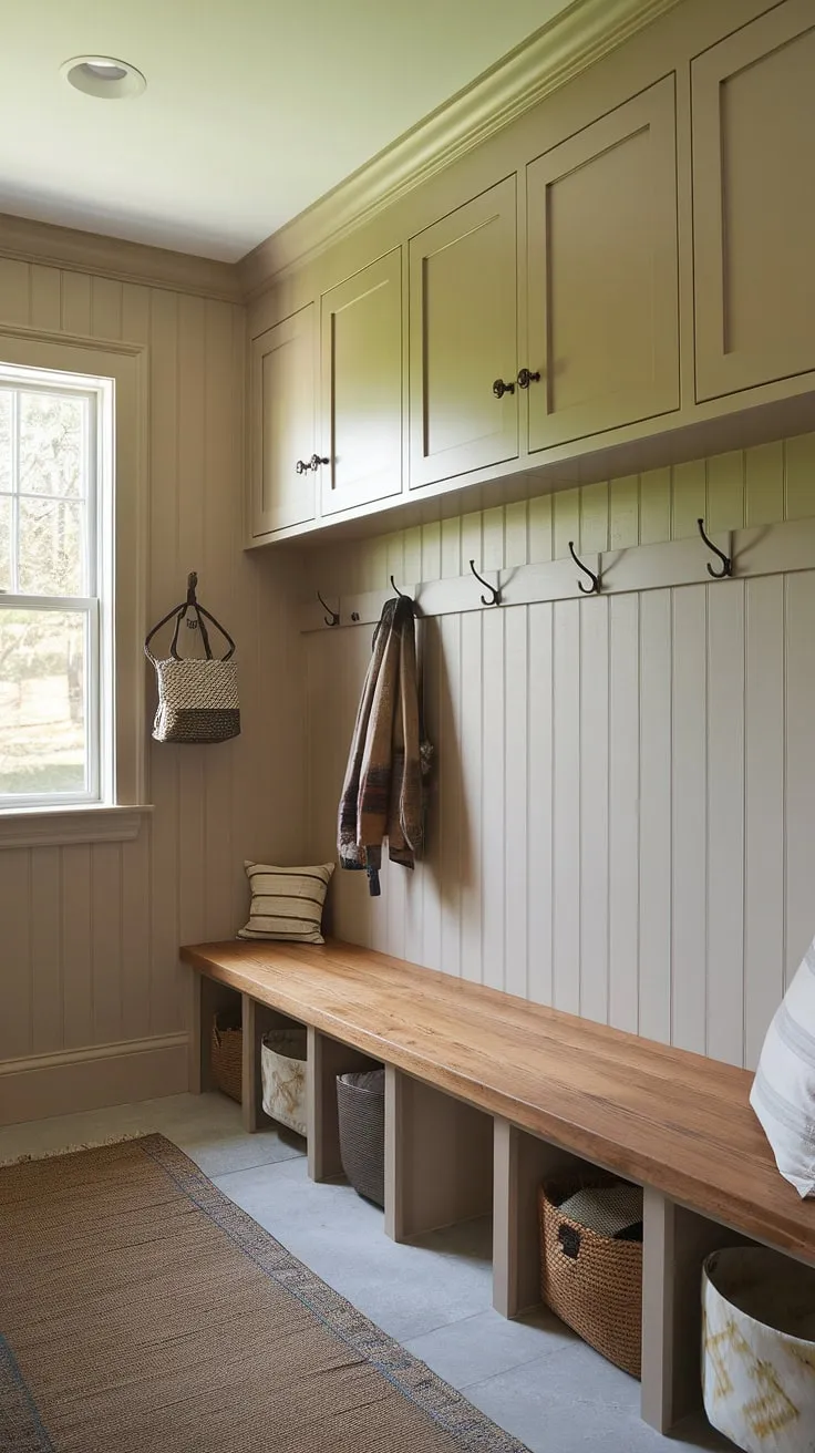 This rustic mudroom entryway is the perfect blend of function and charm.  The mudroom bench with storage offers ample space for shoes and bags, while the mudroom cabinets above provide additional storage solutions.  Clever mudroom cubbies keep everything organized, making this mudroom remodel a dream come true.  This space seamlessly blends mudroom laundry room functionality with inviting mudroom decor.  Mudroom bench ideas don't get much better than this.