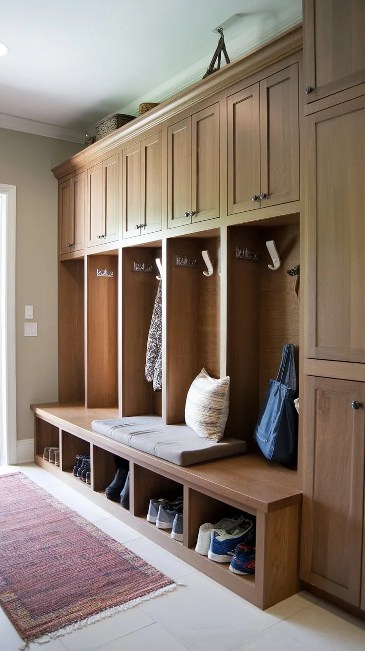 This mudroom entry is a dream come true!  The clever design incorporates mudroom cubbies and mudroom cabinets for maximum storage, while the inviting mudroom bench with storage adds a touch of comfort.  Get inspired by these mudroom bench ideas for your own home.  This mudroom remodel showcases how a functional space can also be stylish and welcoming.  Imagine the possibilities if you combined this with a mudroom laundry room!