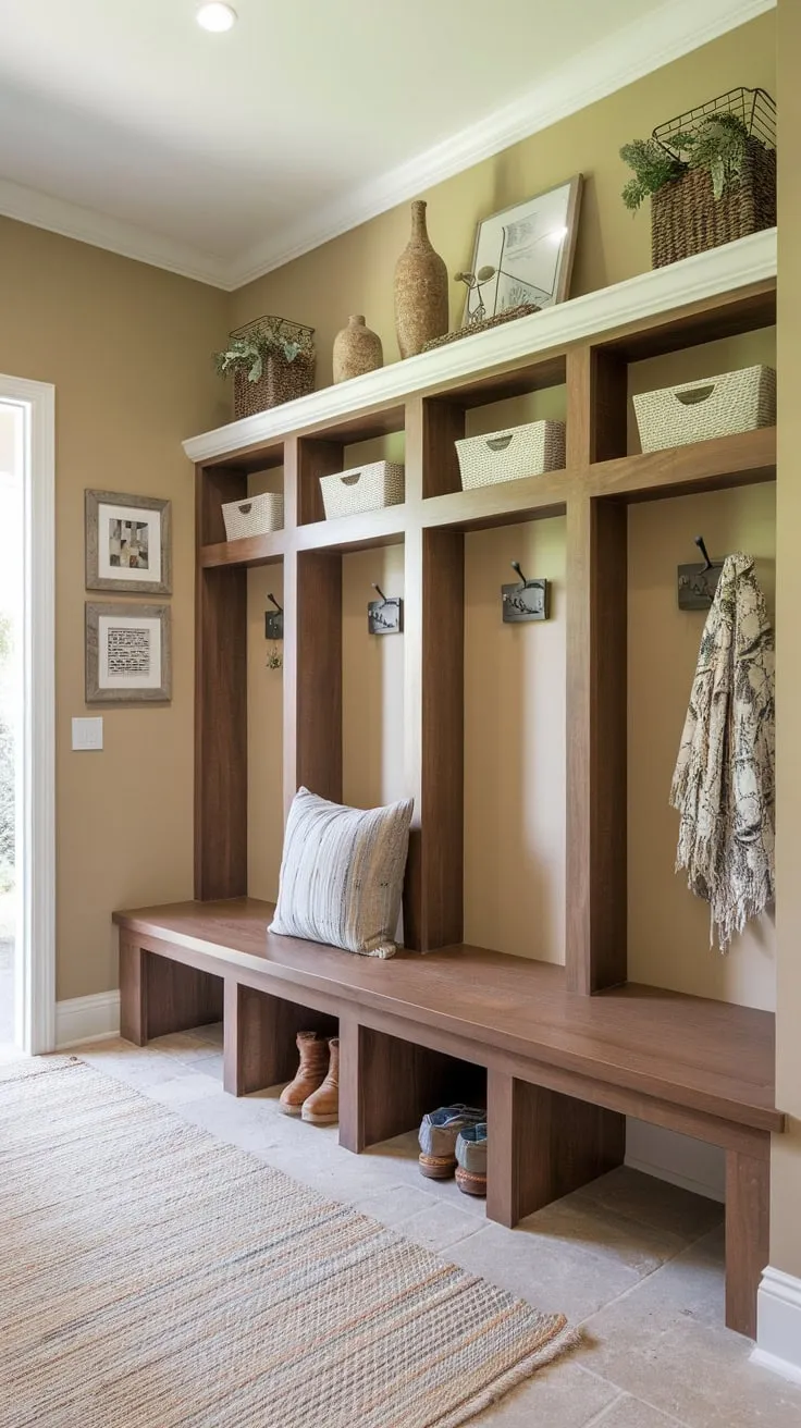 Practical wood cubbies and a built-in bench create a stylish and functional mudroom haven.