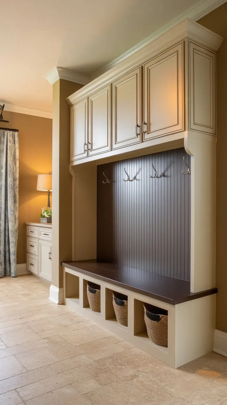 A functional and inviting mudroom boasts a bench with built-in cubbies and cabinets, creating a stylish and practical space.