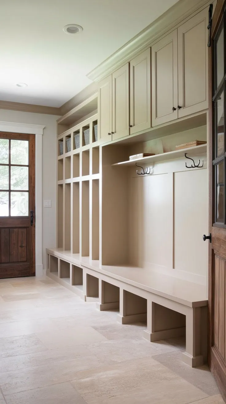 A rustic mudroom boasts beige cubbies, cabinets, and a bench with storage, creating a functional and charming entryway