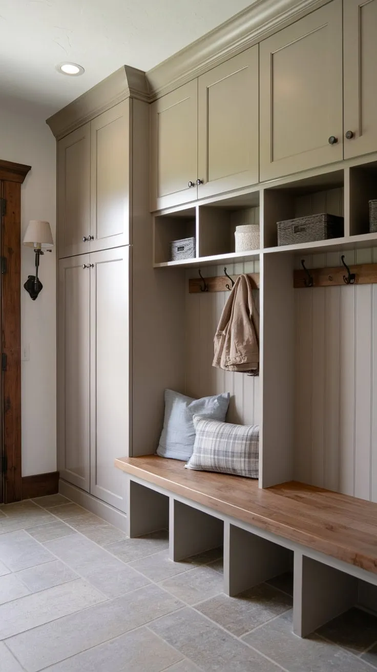 Organize entryway chaos with a charming rustic mudroom featuring a cushioned bench and practical grey cubbies.