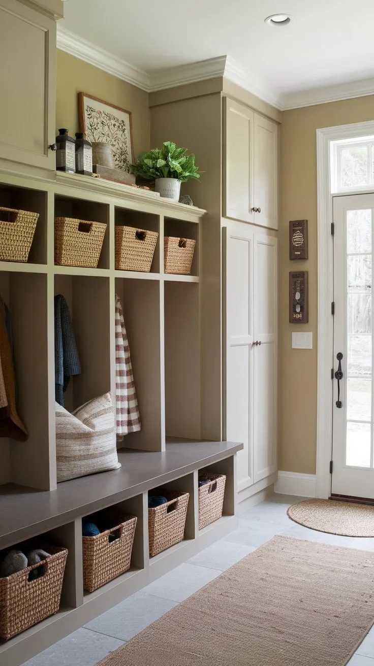 Organized chaos ends with this mudroom's versatile cubbies, bench, and cabinets, creating a functional and stylish entryway.