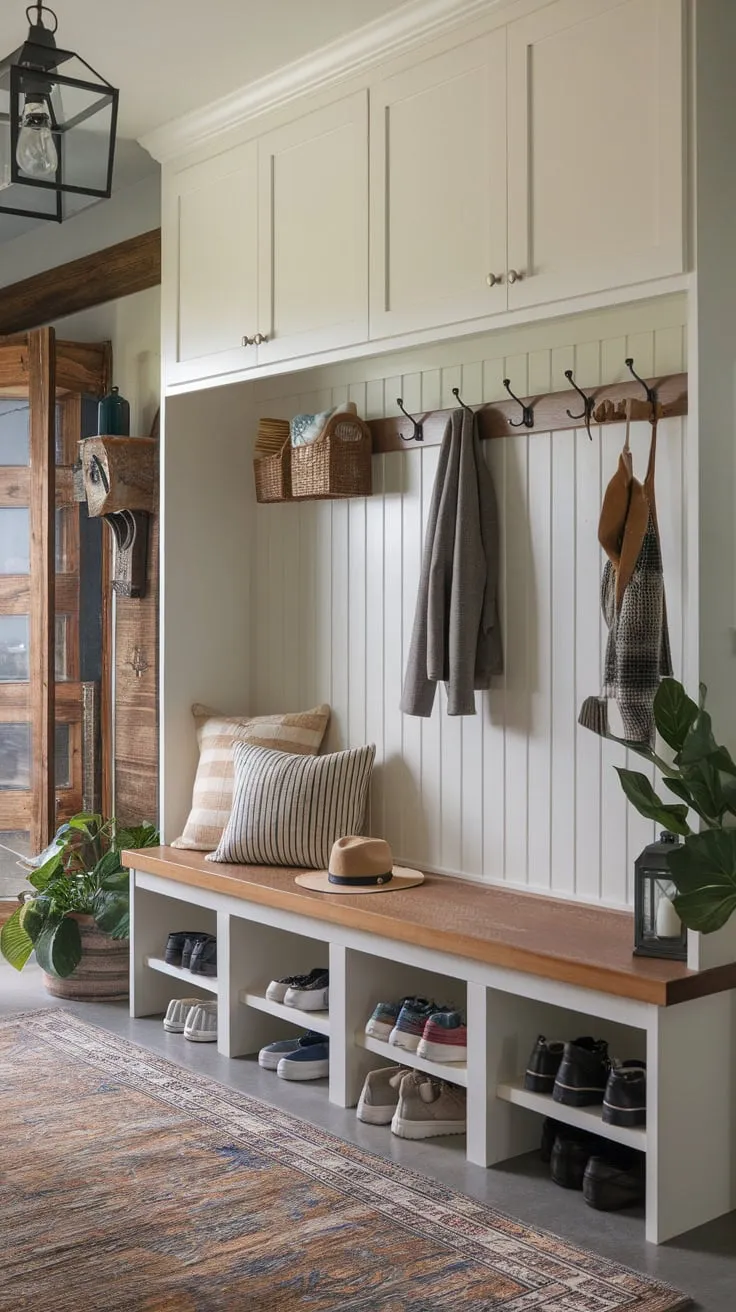 Organized rustic charm defines this mudroom, complete with cubbies, bench, and stylish storage for coats and shoes.