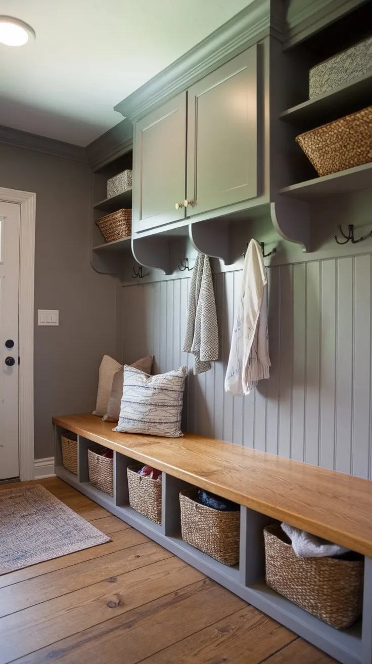 A gray-walled mudroom boasts a pine-scented haven with a bench, cubbies, and cabinets for organized entryway bliss