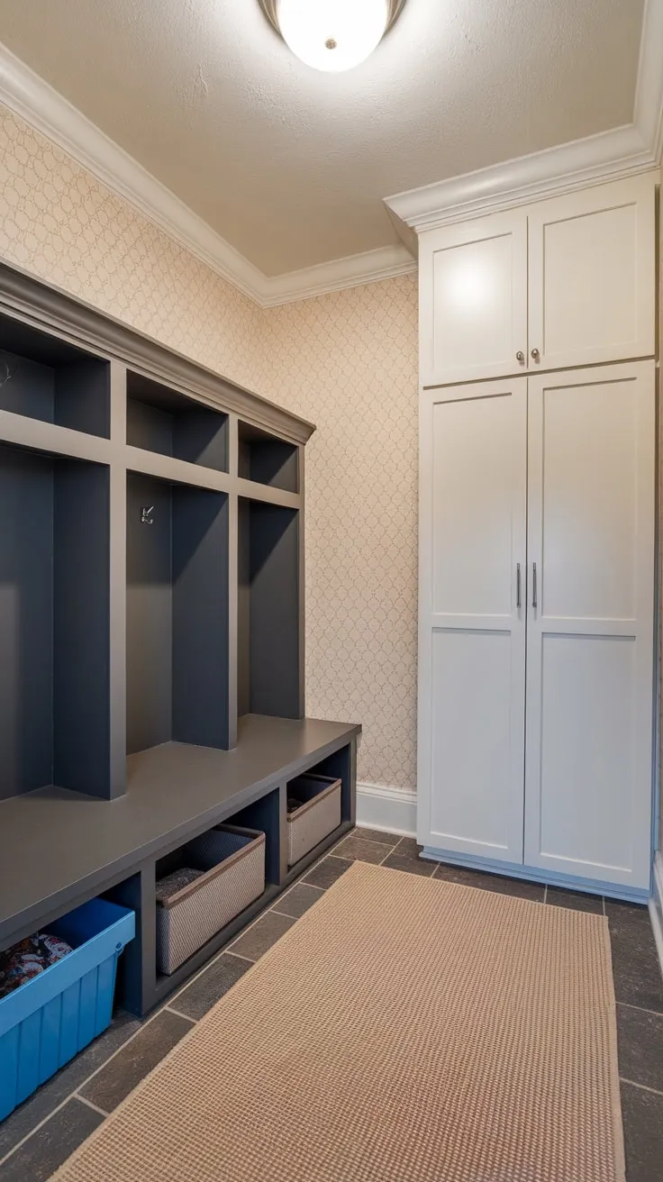 Organized chaos ends with a stylish mudroom featuring a gray bench, cubbies, and white cabinetry, creating a functional and aesthetically pleasing entryway