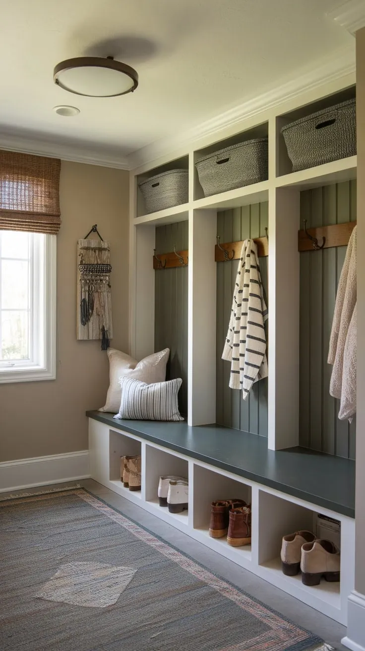 A rustic mudroom boasts a dark green bench, white cubbies, and a cozy rug, offering practical storage and charming style.