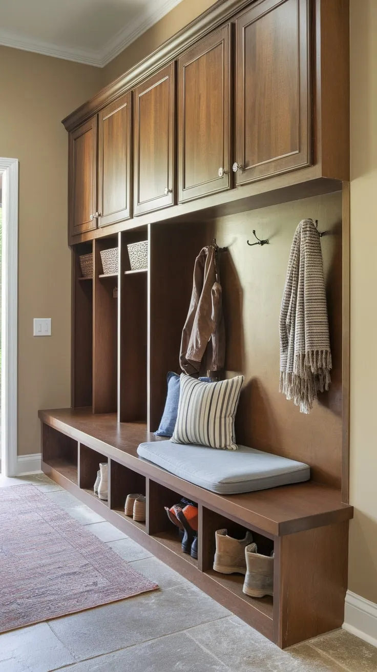Organized beige-walled mudroom boasts a cushioned bench, cubbies, and cabinets for ultimate entryway efficiency