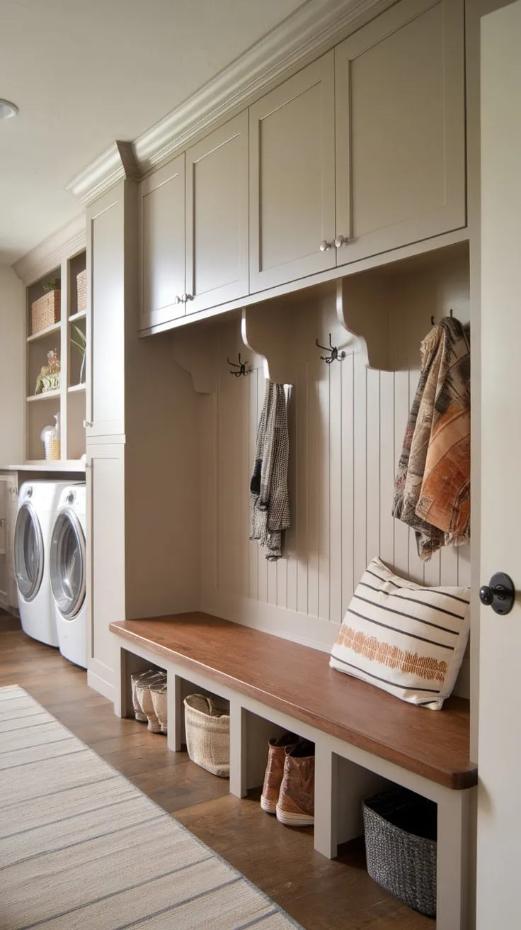 Rustic charm meets practical function in this mudroom featuring built-in cubbies, a comfy bench, and wood floors, all within a cozy laundry-adjacent space.