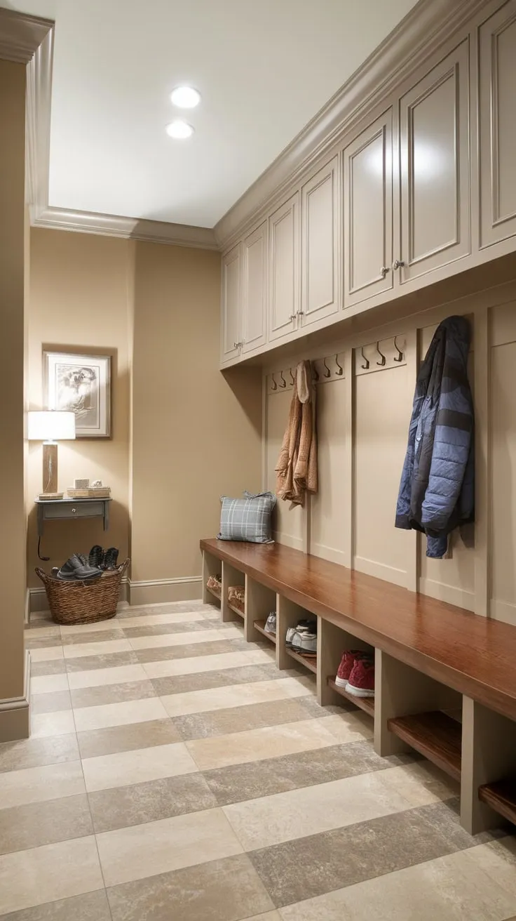 A bright mudroom boasts ample storage with wooden bench cubbies, overhead cabinets, and a coat rack, keeping everything organized and in its place