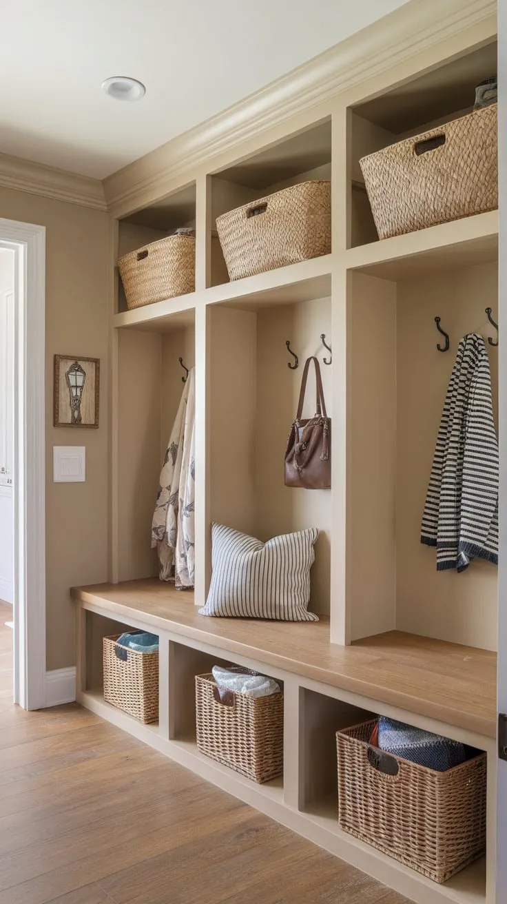 A charming beige mudroom boasts practical wooden cubbies, a bench with storage, and wall hooks for ultimate organization