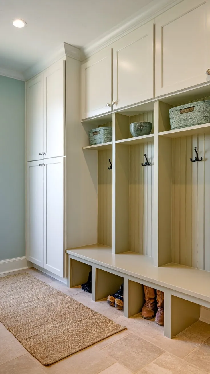 Organized family entry is simplified with a stylish mudroom featuring green cubbies, a beige bench with storage, and white cabinets against a calming light blue backdrop.