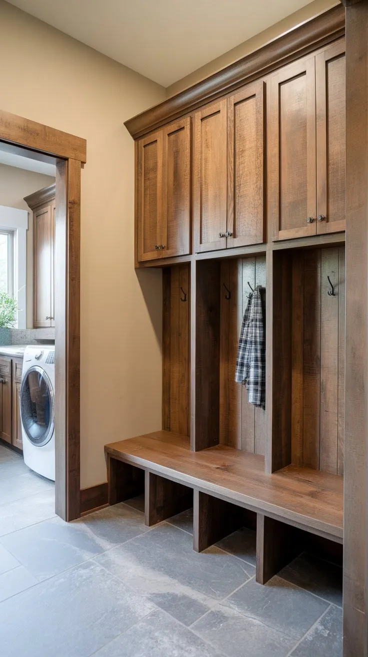 A rustic-chic mudroom boasts organized wood cubbies, a bench with storage, and coordinating cabinets for a functional and stylish entryway