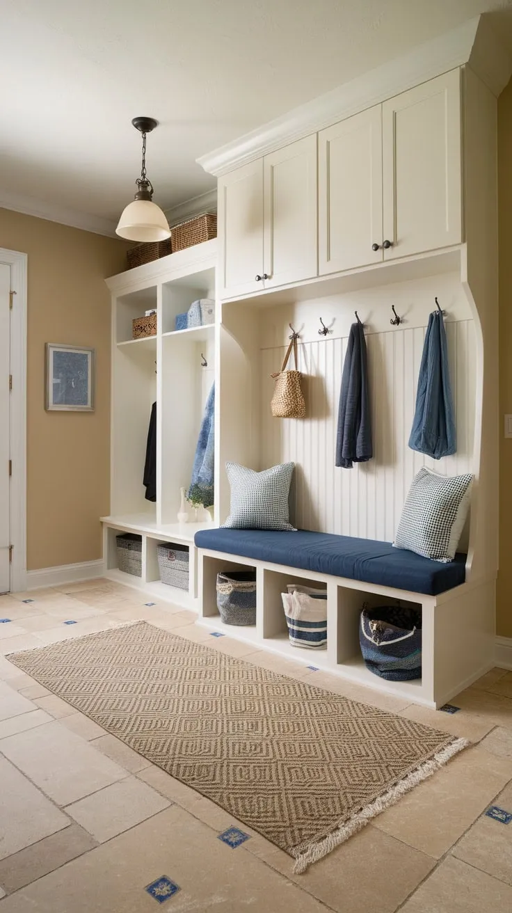 A charming mudroom boasts organized storage with blue-doored cubbies, a welcoming bench, and a delightful blue and beige color scheme.