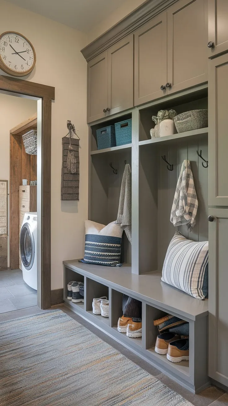 Mudroom remodel goals! This mudroom entry boasts ample storage with mudroom cabinets and cleverly designed mudroom cubbies.  The mudroom bench with storage provides a practical and stylish seating area, offering inspiration for your own mudroom bench ideas.  The seamless flow into the mudroom laundry room and the inviting mudroom decor make this mudroom entryway a true highlight of the home.