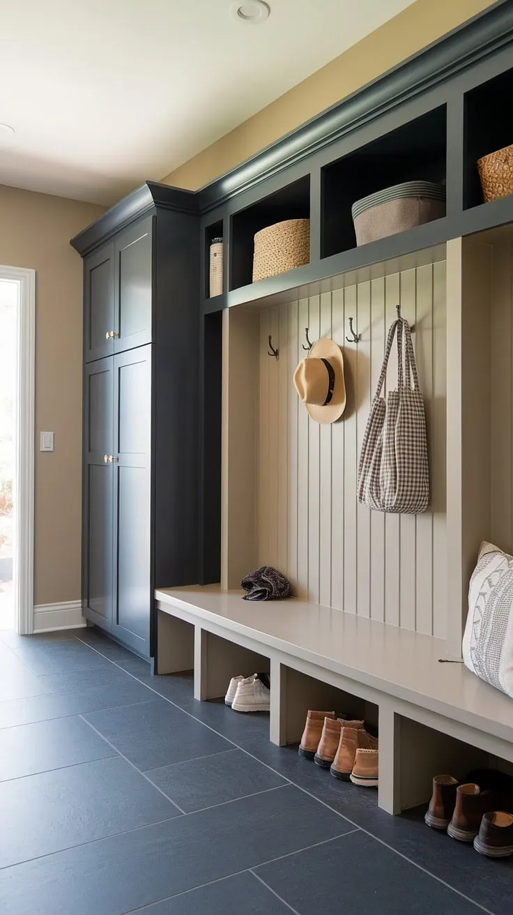 The perfect mudroom entry? We think so! This mudroom remodel showcases clever mudroom bench ideas, maximizing space with a mudroom bench with storage and thoughtfully designed mudroom cubbies. Dark grey mudroom cabinets add a touch of sophistication, while the light grey bench keeps the space feeling airy.  The result? A functional and stylish mudroom entryway that effortlessly manages everyday clutter.