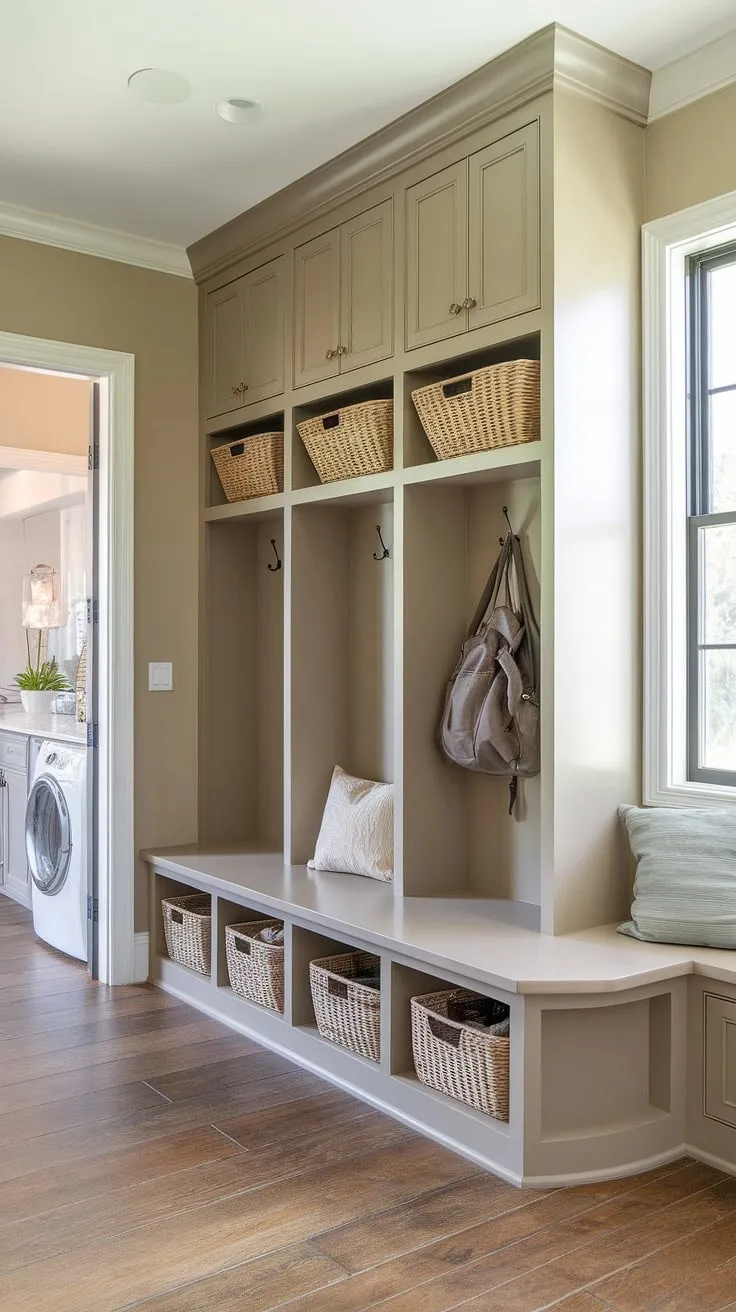Organized chaos?  This mudroom remodel seamlessly blends function and style.  The built-in mudroom cubbies, mudroom cabinets, and mudroom bench with storage offer ample space for coats, shoes, and everything in between.  The mudroom bench ideas are perfect for kicking off boots, and the natural light streaming in from the window makes this mudroom entryway feel bright and welcoming.  The convenient connection to the mudroom laundry room completes this efficient and stylish mudroom decor.