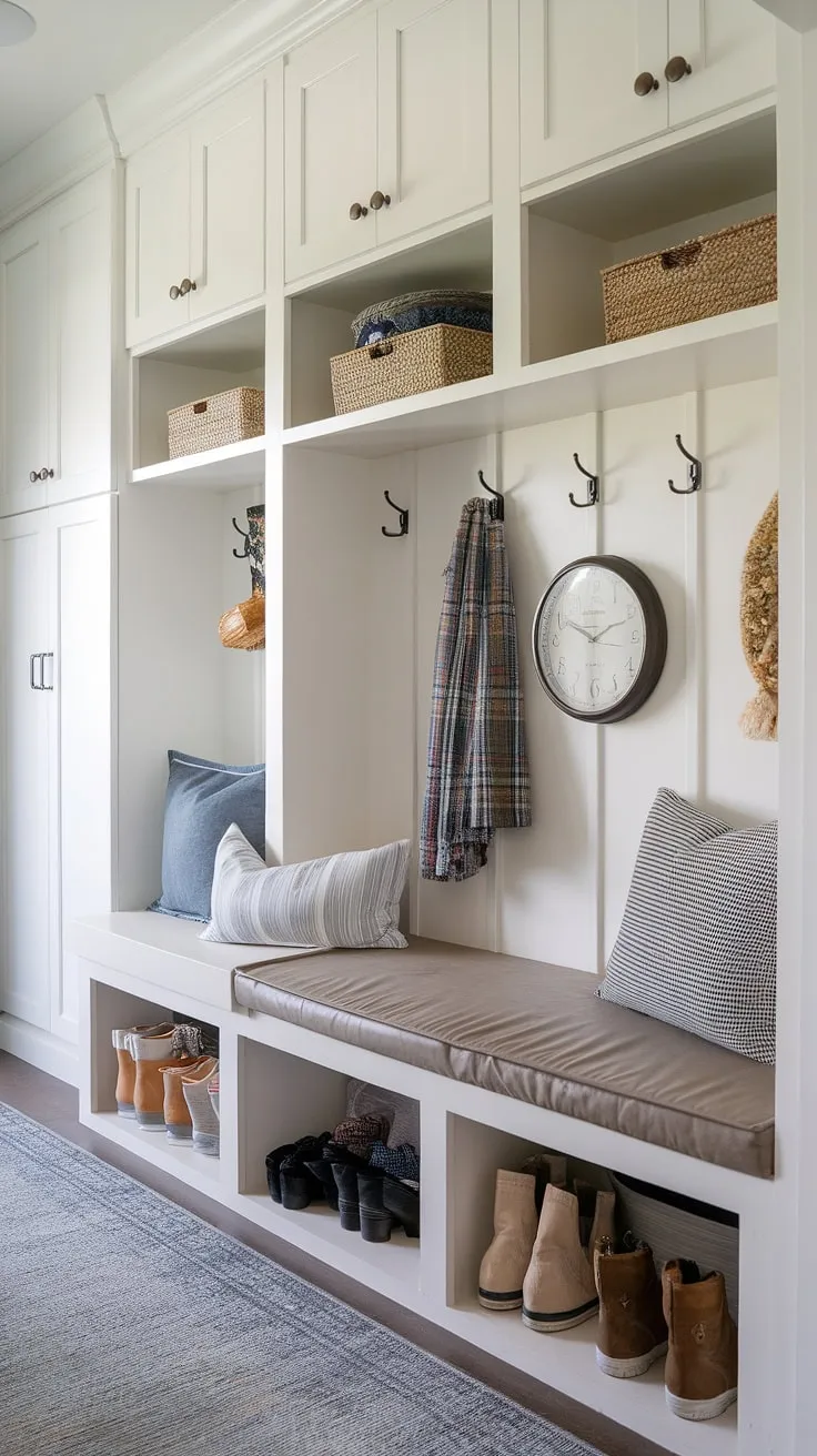 This mudroom entry is the epitome of functional design.  Mudroom cabinets, cleverly integrated mudroom cubbies, and a stylish mudroom bench with storage create a welcoming and organized mudroom entryway.  The thoughtful mudroom decor adds a touch of personality, making this mudroom remodel a dream come true.  Get inspired by these mudroom bench ideas for your own space, and consider combining your mudroom laundry room for ultimate efficiency.